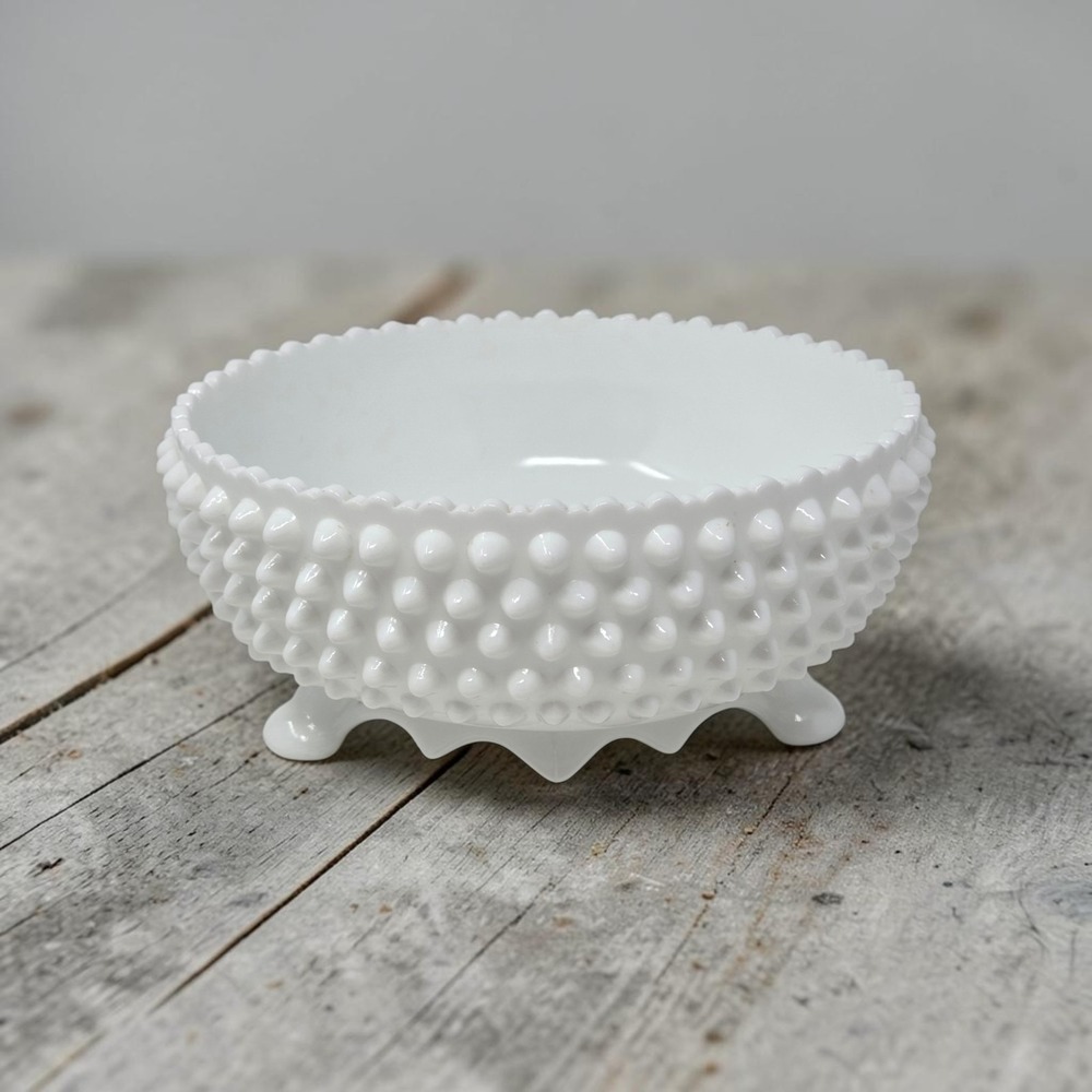 Vintage Fenton Hobnail Milk Glass 3-Toed Footed Bowl 8.5" Scalloped Rim